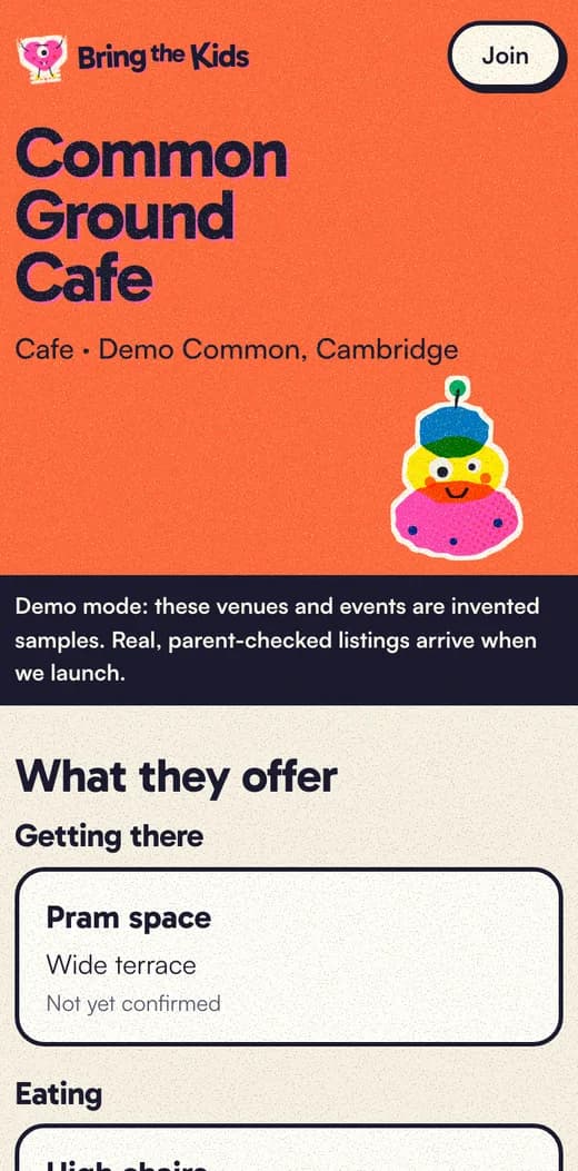 A venue page leads with what it offers.
